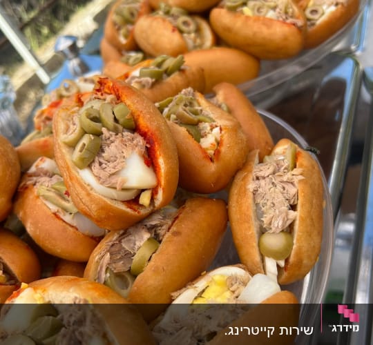 כריכים קטנים עם טונה, ביצה וזיתים על מגש